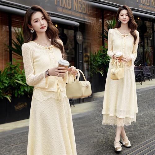 优雅风春装女装套装新款时尚蕾丝拼接针织上衣半身裙两件套ABS26002 商品图0