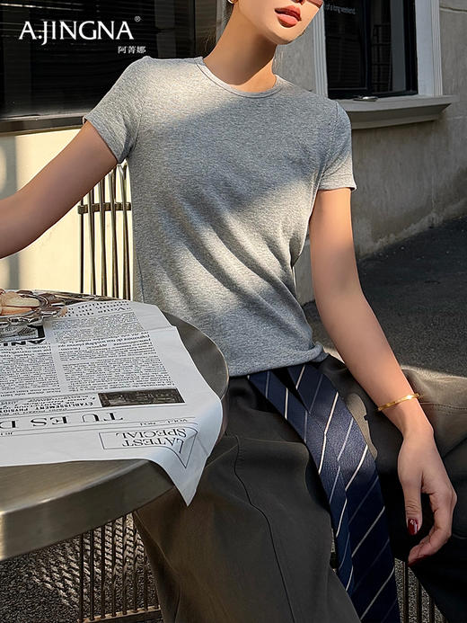 【遮肉显瘦】阿菁娜正肩圆领弹力修身T恤F31C301027 商品图2