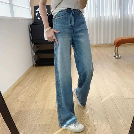 F040304春季新款阔腿牛仔裤女高腰垂感带钻满天星爆闪烫钻直筒长裤 商品图8