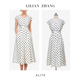 静奢风「旧时光点」赫本假日法式复古花苞V领醋酸波点连衣裙2501138