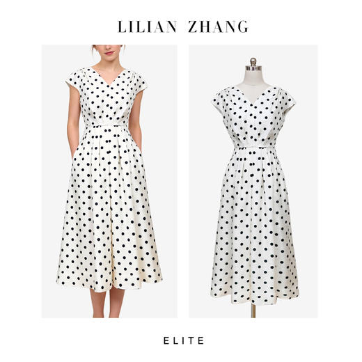 静奢风「旧时光点」赫本假日法式复古花苞V领醋酸波点连衣裙2501138 商品图0