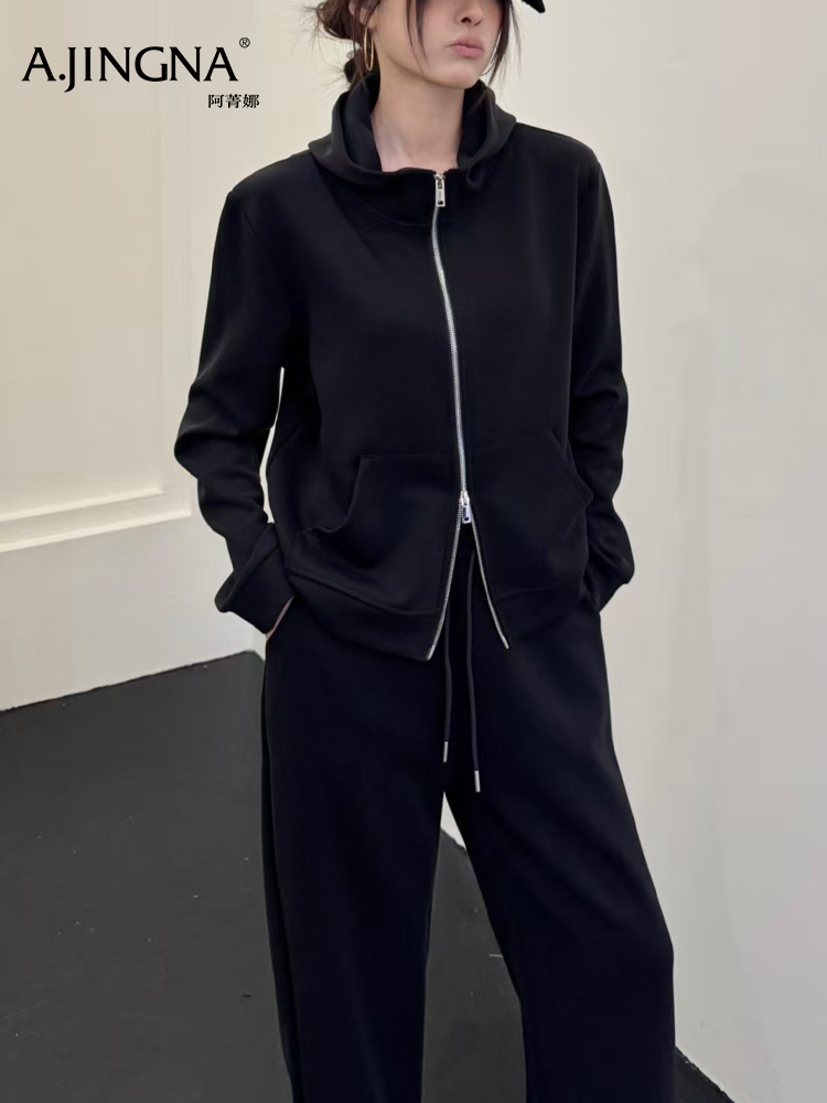 【立领外套】阿菁娜春夏新款万能日常外套可休闲可轻运动连帽双拉链设计简约纯色百搭不挑风格F31C307001