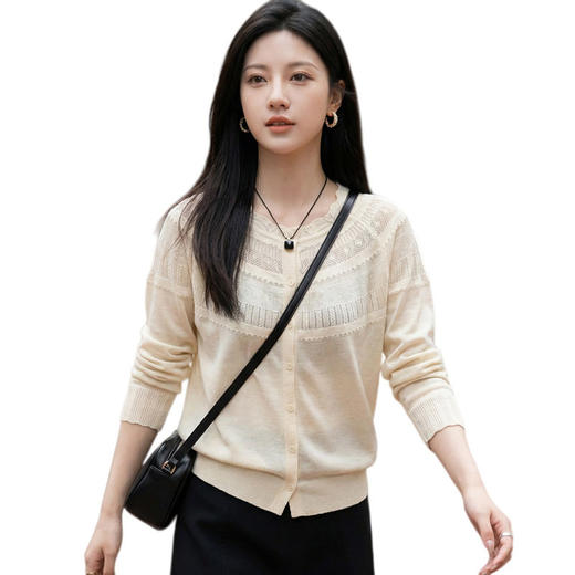 「自」全新升级【铂金会员146/天猫199/差价53】(84152)洛诗琳春季薄款针织开衫2026新款镂空钩花宽松长袖外套女 商品图4