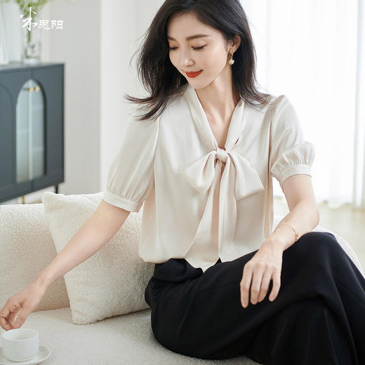 米思阳2026夏季新款职业气质高级感缎面衬衫蝴蝶结短袖上衣女小衫1816/1240 商品图0
