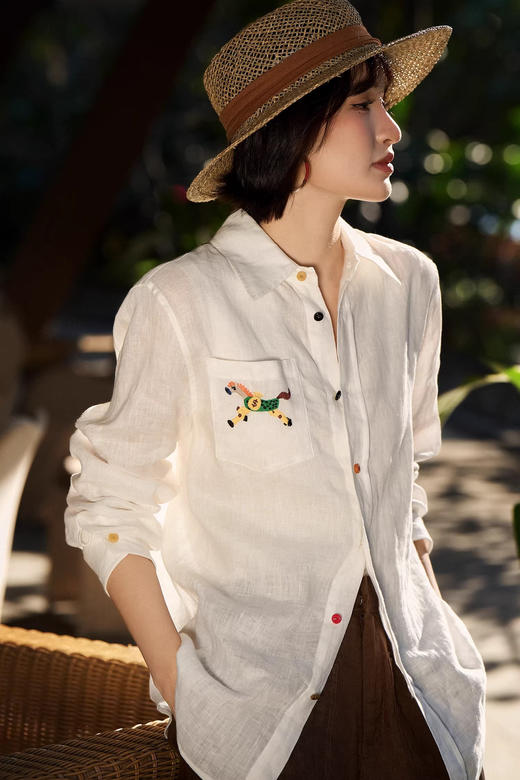 小马刺绣老钱风棉麻衬衣防晒衫 商品图0