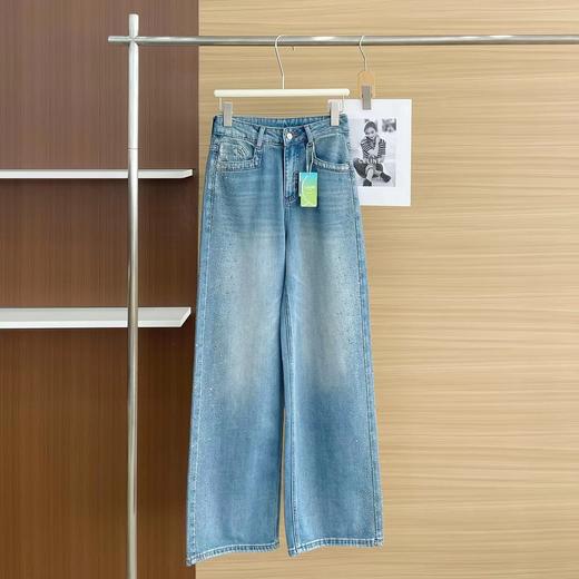 F040304春季新款阔腿牛仔裤女高腰垂感带钻满天星爆闪烫钻直筒长裤 商品图0