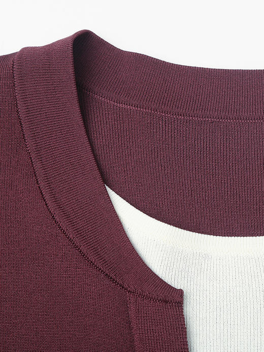 轻奢高级感假两件坑条针织衫女 安可拉红撞色 V 领短袖 T 恤 小个子通勤气质上衣 商品图2