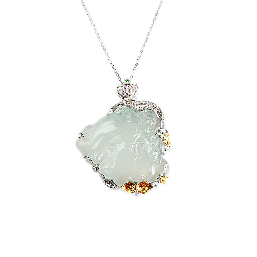 【天然正品】A货翡翠AU750收藏级双色金镶钻镶天然细腻木那雪花棉高冰种蝴蝶仙子造型翡翠吊坠项链36.6*30.5*10.2MM（皆取最大值）250326NJS23