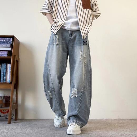 F040302春夏季新款宽松弯刀裤破洞高品质重工耐磨耐脏水洗情侣款直筒牛仔裤 商品图2