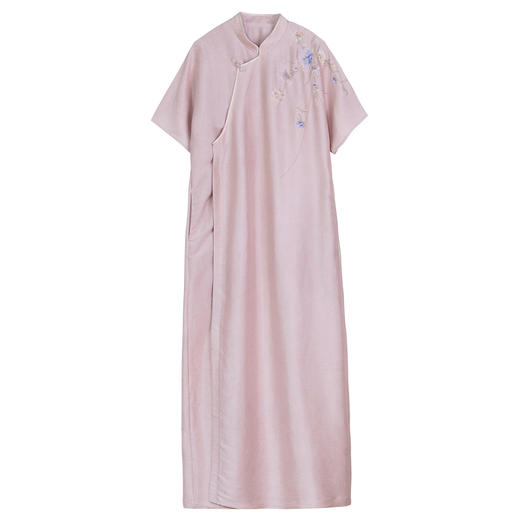 牧衣游原创 22姆米重磅双宫绸手工刺绣旗袍粉色复古真丝长裙 致在 商品图4