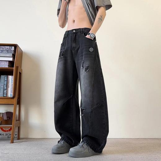 F040302春夏季新款宽松弯刀裤破洞高品质重工耐磨耐脏水洗情侣款直筒牛仔裤 商品图3