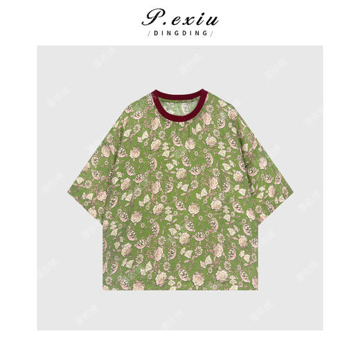 PanYiXiu/潘依绣麻料复古印花轻薄透气廓形圆领短袖T恤 W-63266 商品图1