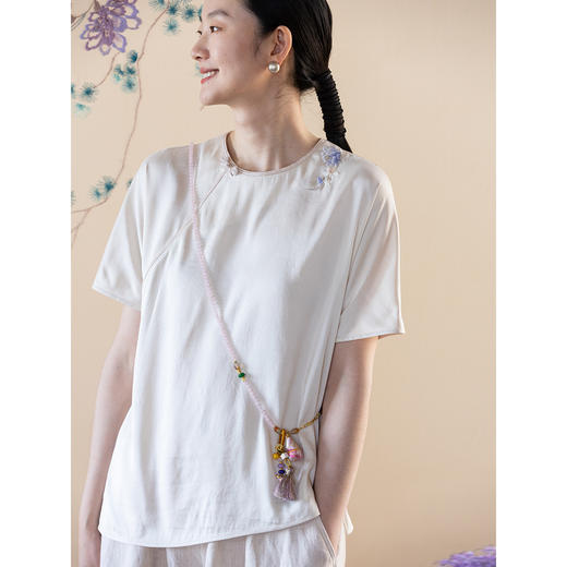 牧衣游原创 22姆米重磅双宫绸手工刺绣小衫真丝中式短袖上衣 云山 商品图3