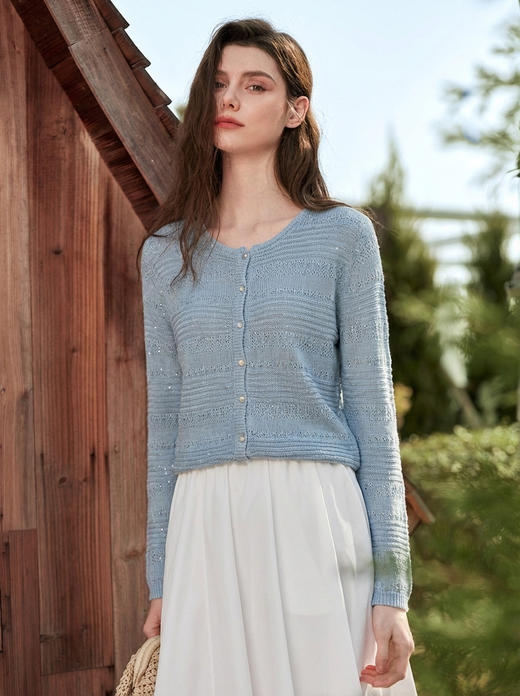 绝美会呼吸的和纸亚麻法式亮片镂空针织开衫 商品图0