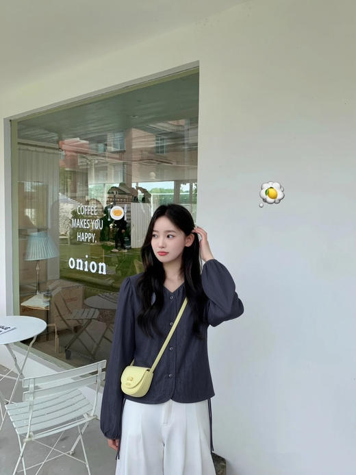 天猫同步【垂坠~免熨烫】拉夏贝尔/La Chapelle气质时尚V领排扣两侧系带设计仿牛仔长袖衬衫舒适上衣女 商品图5