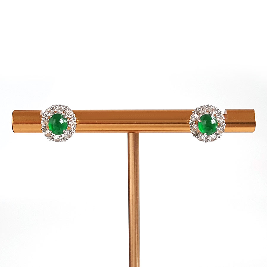 【天然正品】A货翡翠AU750白金镶钻镶天然细腻冰种满绿蛋面翡翠耳钉18.4*9.4*8.8MM（皆取最大值）240326NJM07