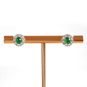 【天然正品】A货翡翠AU750白金镶钻镶天然细腻冰种满绿蛋面翡翠耳钉18.4*9.4*8.8MM（皆取最大值）240326NJM07