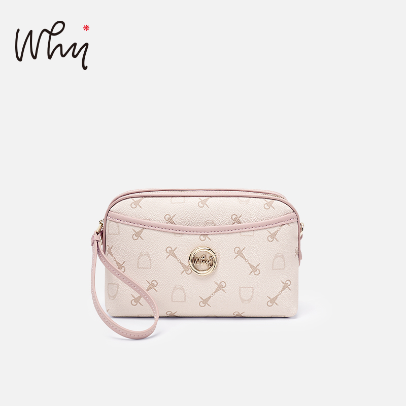 WHY新款印花迷你手提包女2026夏季小圆扣单肩斜挎包粉色通勤化妆包​YAP11779Z