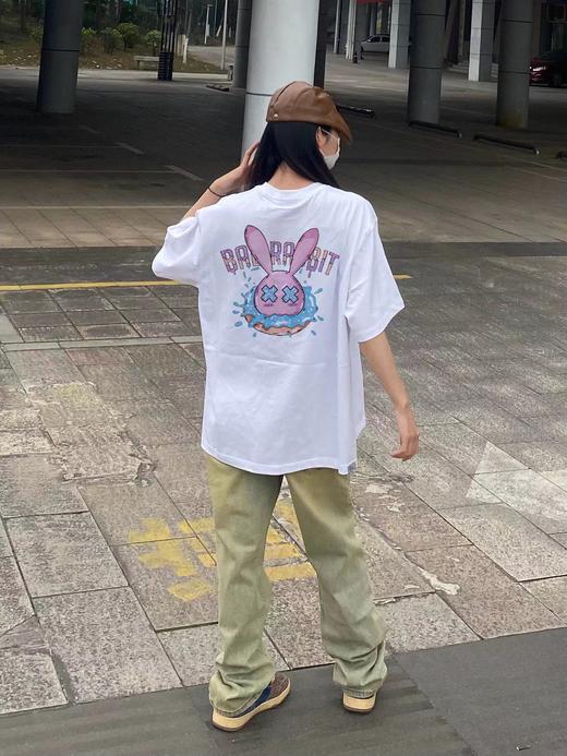 F040314夏季新款双砂面料立体印花舒适透气亲肤粉色兔子甜甜圈情侣短袖T恤 商品图4