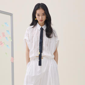 谜底花苞型衬衣短袖2026夏季新品浪漫艺术条纹短衬衫女262MC0461