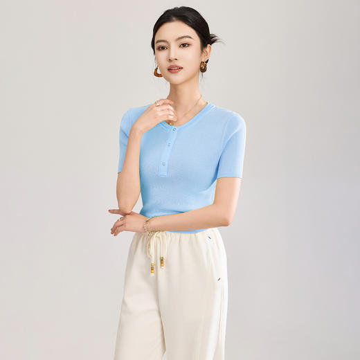 「高货wl」全新升级【铂金会员174/天猫229/差价55】(81736)洛诗琳气质双曲圈修身短袖2026夏季新款正肩显瘦针织T恤女 商品图2