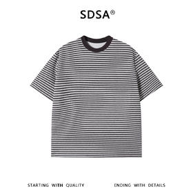 SDSA男装2026新款轻奢美式复古撞色领肌理感条纹宽松短袖T恤百搭