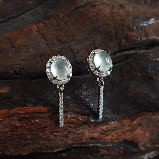 【天然正品】A货翡翠AU750白金镶钻镶天然细腻白色高冰种蛋面翡翠耳坠20.3*17.6*6.8MM（皆取最大值）131125AH29 商品图4