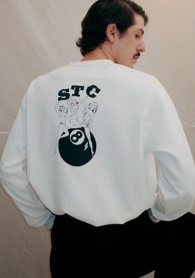 SUPERTOFU(SPTF)/CRC-AW25-T044/桌球主题 做旧复古印花 软糯舒适华夫格 亨利领长袖