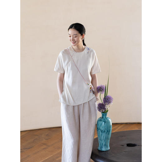 牧衣游原创 22姆米重磅双宫绸手工刺绣小衫真丝中式短袖上衣 云山 商品图2