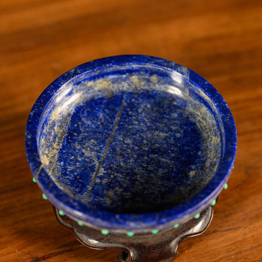 清	青金石嵌绿松石莲花盖盒（红木座） 商品图4