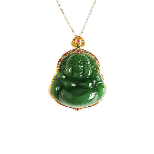 【天然正品】AU750黄金镶钻镶天然细腻油润度佳菠菜绿无黑点佛公碧玉和田玉吊坠项链43.1*32.3*12.4MM（皆取最大值）030426XY08 商品图0