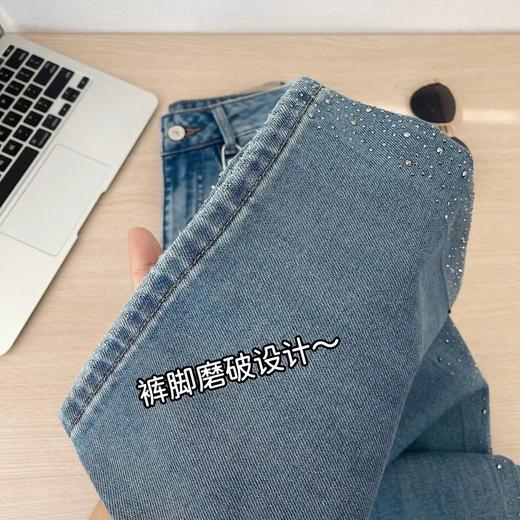F040304春季新款阔腿牛仔裤女高腰垂感带钻满天星爆闪烫钻直筒长裤 商品图4