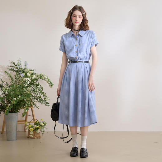 复古英伦风条纹文艺感翻领衬衫裙女春季学院风连衣裙LXD50309 商品图1