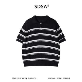 SDSA男装2026新款高贵轻奢慵懒风条纹肌理感针织翻领短袖T恤百搭