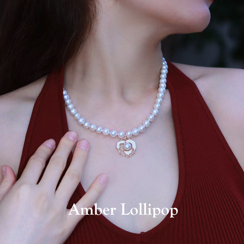 【品牌直发】安铂洛利 天然珍珠/贝珠项链女山茶花吊坠项链/耳钉