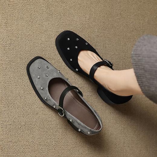 【预售5天】法式单鞋女浅口水钻厚底方头中跟粗跟真皮高跟鞋黑灰色玛丽珍鞋&A1323-1 商品图3