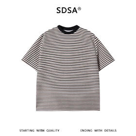 SDSA男装2026新款轻奢美式复古撞色领肌理感条纹宽松短袖T恤百搭