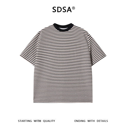 SDSA男装2026新款轻奢美式复古撞色领肌理感条纹宽松短袖T恤百搭 商品图0