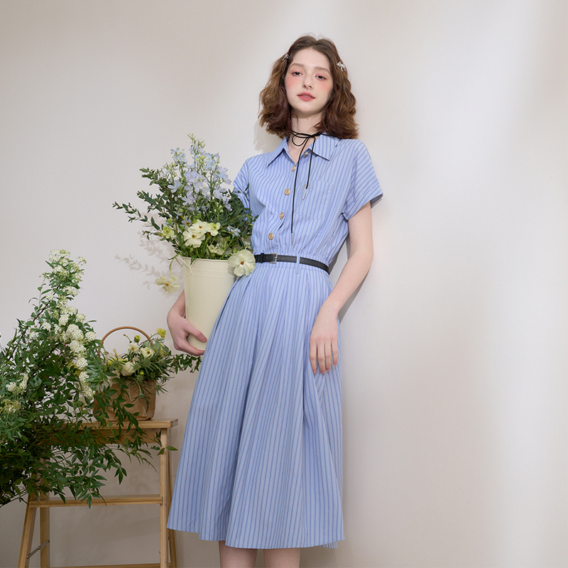 复古英伦风条纹文艺感翻领衬衫裙女春季学院风连衣裙LXD50309