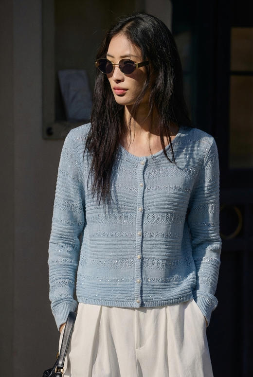 绝美会呼吸的和纸亚麻法式亮片镂空针织开衫 商品图3