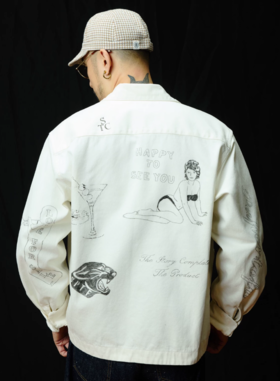 SUPERTOFU (SPTF)/CMKS-AW25-J277/手绘印花 数码直喷 复古做旧 工装翻领夹克外套