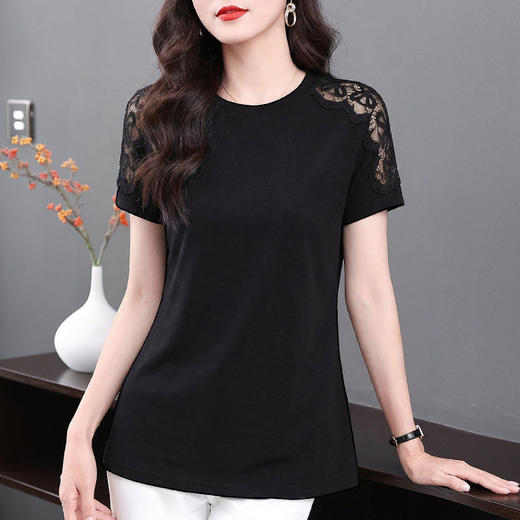 黑色蕾丝短袖T恤女士2026夏季新款大码女装正肩显瘦气质上衣减龄 商品图1