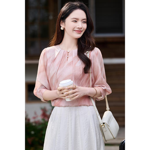 米思阳2026夏季高级感天丝亚麻印花衬衫优雅端庄气质小衫女1040 商品图2