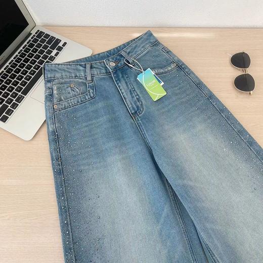 F040304春季新款阔腿牛仔裤女高腰垂感带钻满天星爆闪烫钻直筒长裤 商品图2