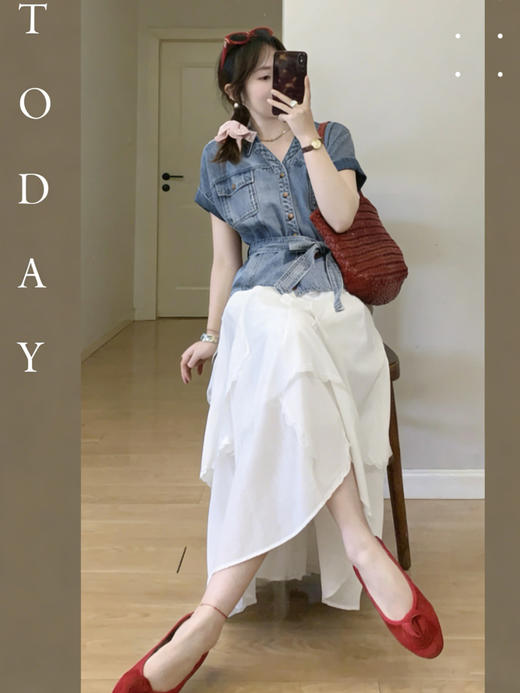 【百图lulu定制】【蓝调牛仔衬衫】复古  带本布腰带  原色牛仔  短袖衬衫 商品图2