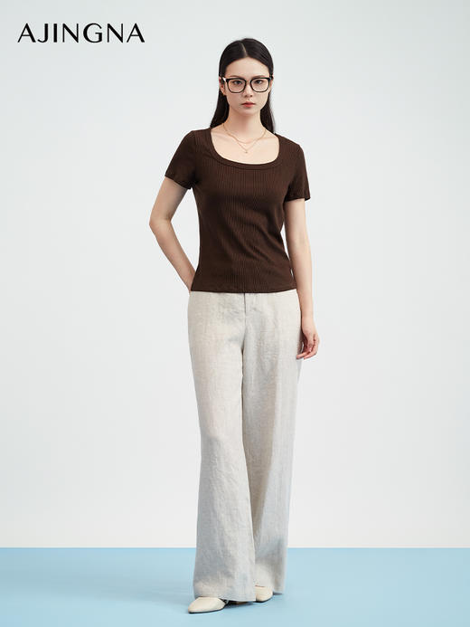 【商场同款】阿菁娜春夏季新款大U领针织T恤正肩设计显瘦遮肉竖坑条高弹亲肤A31X101019 商品图2