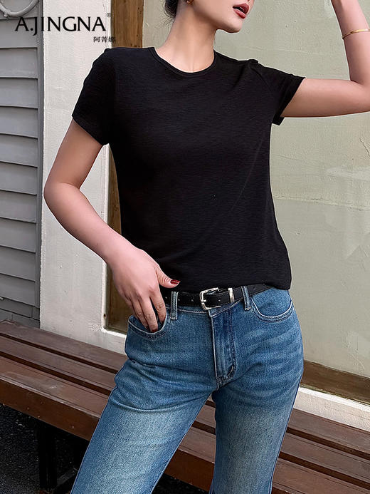 【遮肉显瘦】阿菁娜正肩圆领弹力修身T恤F31C301027 商品图1