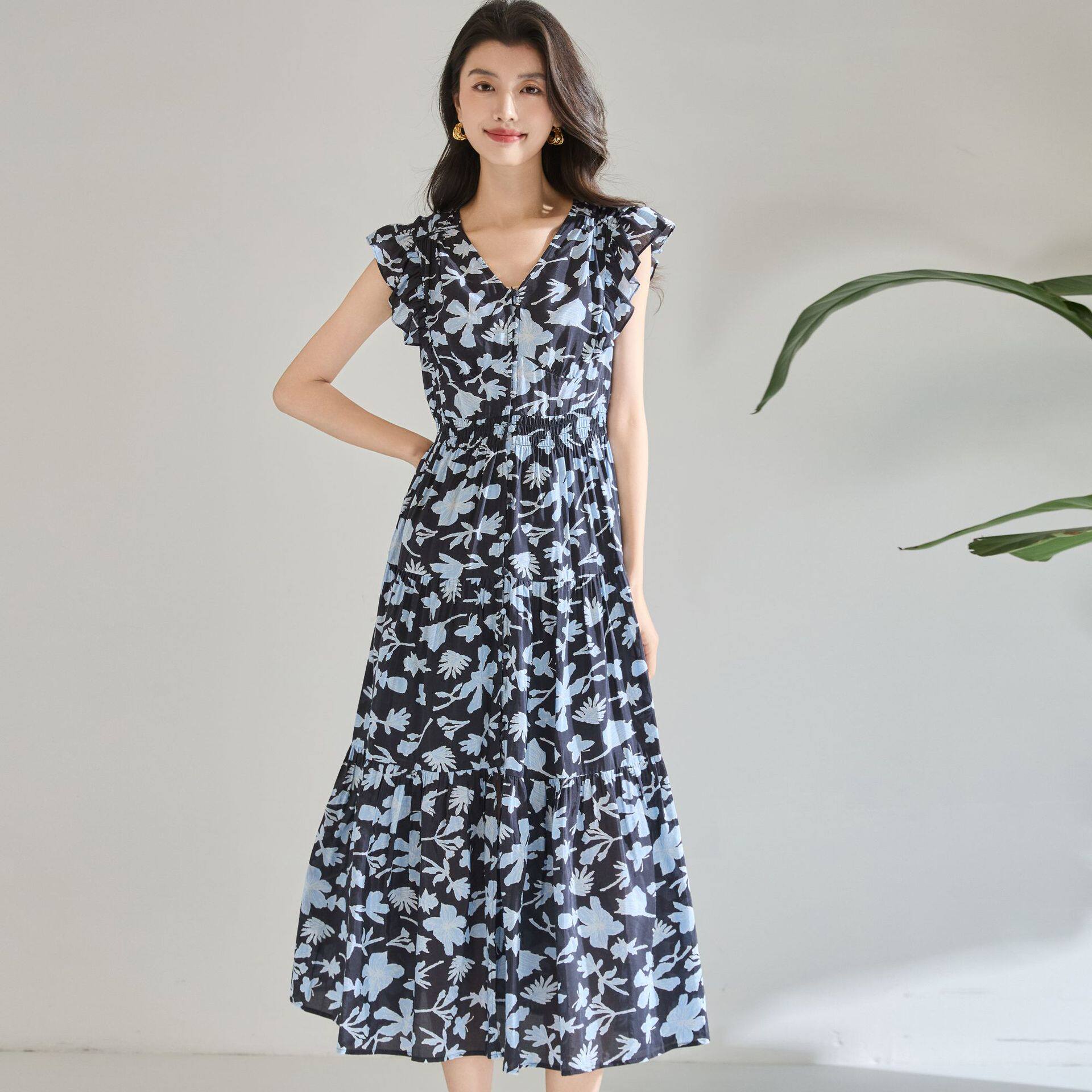 「高货sh」全新升级【铂金会员293/天猫399/差价106】(72934)洛诗琳法式碎花荷叶边连衣裙2026新款长绒棉V领无袖拼接裙