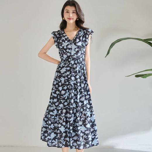 「高货sh」全新升级【铂金会员293/天猫399/差价106】(72934)洛诗琳法式碎花荷叶边连衣裙2026新款长绒棉V领无袖拼接裙 商品图0