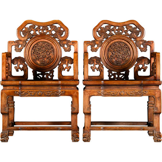清	榉木透雕灵芝纹扶手椅（一对） 商品图5